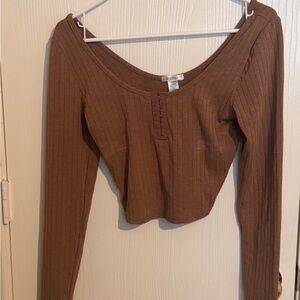 Bozzolo Brown Ribbed Crop Blouse